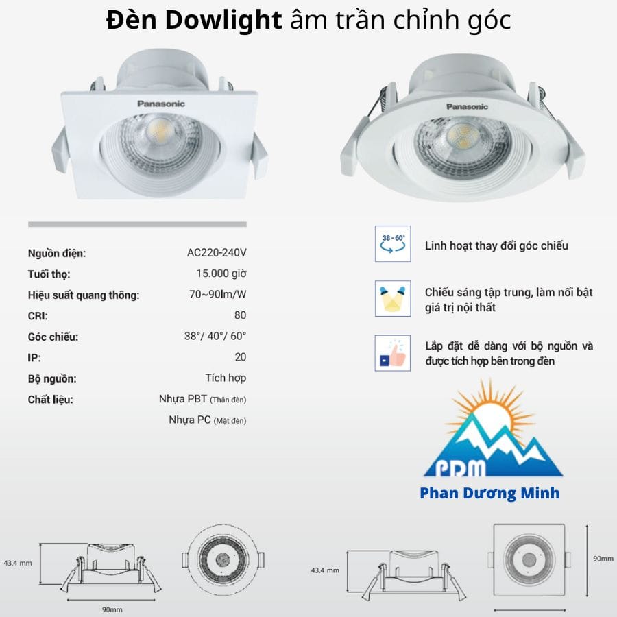 Đèn downlight âm trần Panasonic chỉnh góc Đèn downlight âm trần Panasonic chỉnh góc