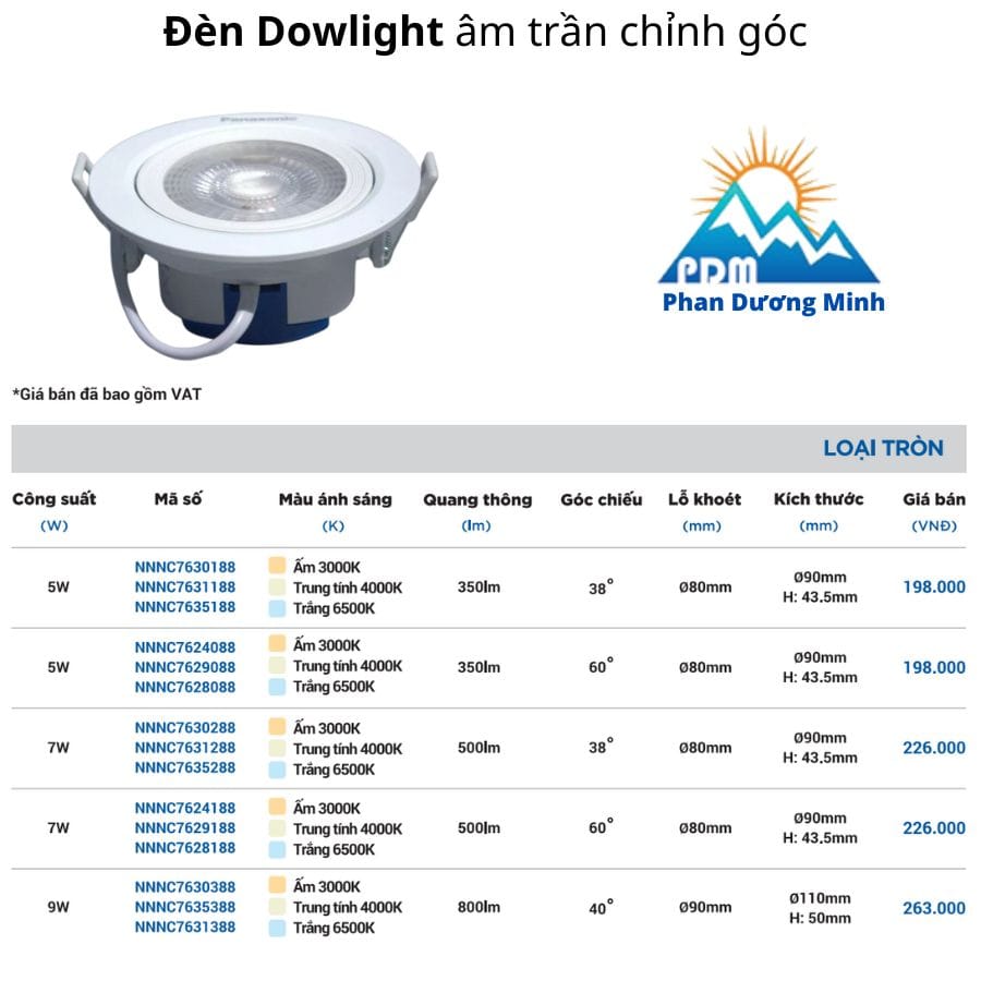 Giá đèn âm trần chỉnh góc Panasonic loại tròn